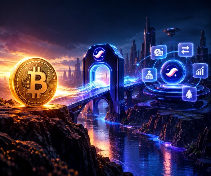 A digital artwork depicts a glowing Bitcoin coin on a rocky pedestal next to a futuristic blue portal/bridge spanning a river, with floating holographic icons displaying charts and currency symbols, set against a sci-fi cityscape at sunset.