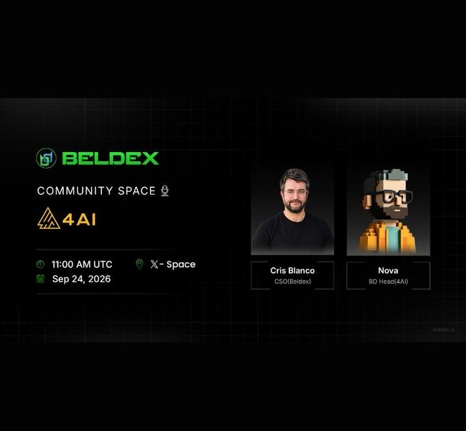 A promotional graphic for a "BELDEX COMMUNITY SPACE" event featuring speakers Cris Blanco (CSO/Beldex) and Nova (BD Head/4AI), scheduled for 11:00 AM UTC on Sep 24, 2026 at X-Space.