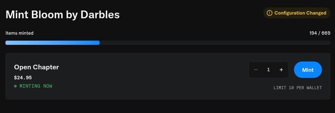 A dark-themed minting interface for "Mint Bloom by Darbles" showing 194/669 items minted, with "Open Chapter" priced at $24.95 and a "Mint" button.