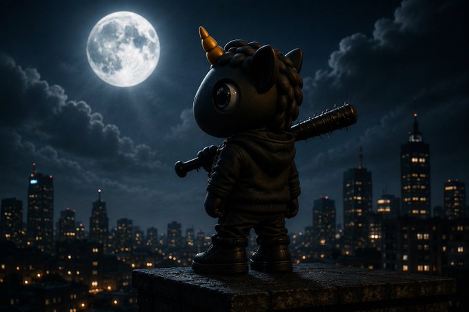 A stylized black figurine of a unicorn-headed character holding a spiked bat, standing on a rooftop overlooking a city skyline at night with a full moon.