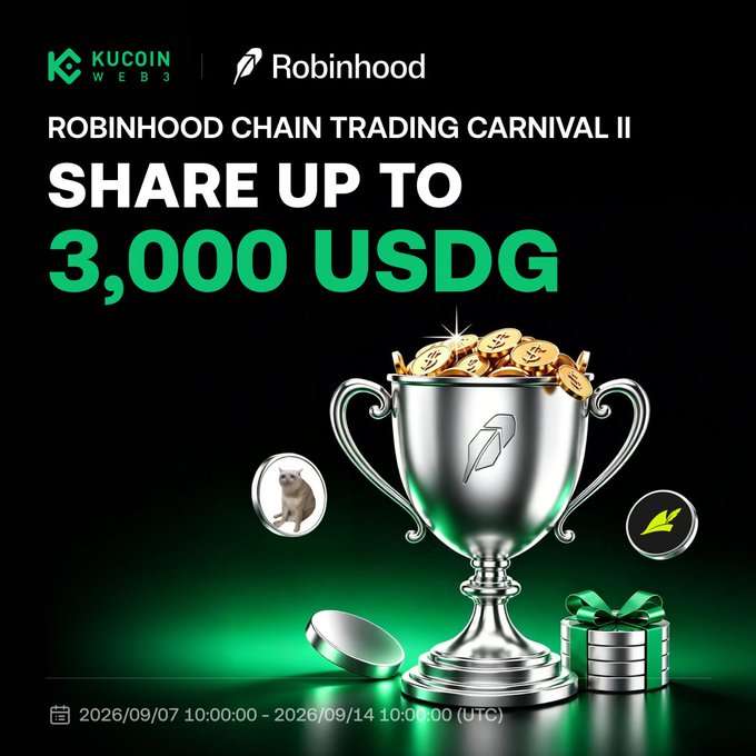 A promotional banner for the "Robinhood Chain Trading Carnival II" hosted by KuCoin Web3 and Robinhood, offering a prize pool of up to 3,000 USDG, featuring a silver trophy overflowing with gold coins alongside floating crypto tokens, with the event running from 2026/09/07 10:00 to 2026/09/14 10:00 (UTC).