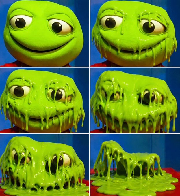 A six-panel meme showing a green puppet character (similar to Kermit the Frog) progressively being covered and melted by green slime.