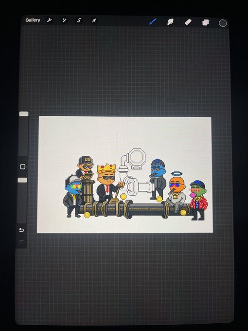 A digital illustration on a tablet screen depicting a group of cartoon characters with various hats, including a crown and halo, standing near a large mechanical device.