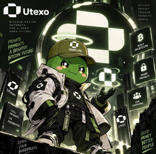 A promotional poster for 'Utexo' featuring a green mascot character in a cap and jacket, with text like 'Bitcoin-native payments for a more open future' and 'Built on Bitcoin'.