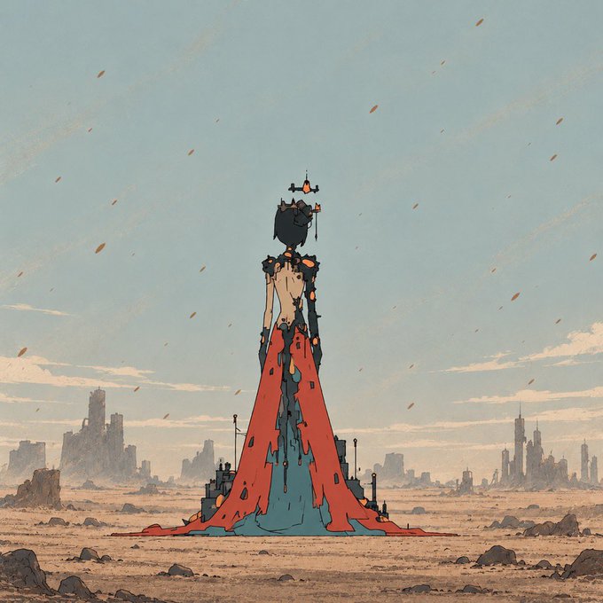 An anime-style illustration depicting a post-apocalyptic desert landscape with distant city ruins, featuring a central figure in a flowing red and blue cloak with debris floating around them.