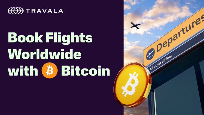 The promotional image for Travala features the text "Book Flights Worldwide with ₿ Bitcoin" alongside a 3D Bitcoin coin, an airplane, and a "Departures" airport sign, visually reinforcing the service's offer to book flights using cryptocurrency.