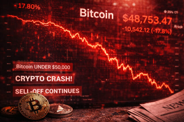 A dramatic red-toned graphic showing Bitcoin at $48,753.47, down $10,542.12 (-17.8%), with headlines reading 'Bitcoin UNDER $50,000,' 'CRYPTO CRASH!,' and 'SELL-OFF CONTINUES,' accompanied by Bitcoin and Ethereum coins.