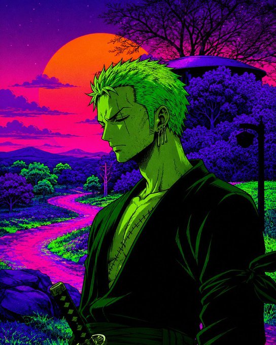 A stylized digital illustration of a green-skinned, spiky-haired character resembling Roronoa Zoro in profile, set against a vibrant neon sunset with a large orange sun and purple foliage.