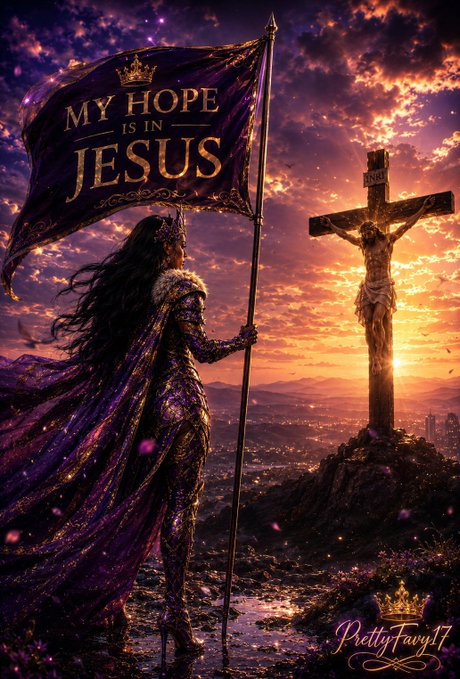 Christian digital artwork showing a crowned woman holding a purple flag reading 'MY HOPE IS IN JESUS' while facing a crucifix at sunset.