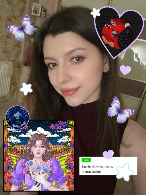 A selfie of a young woman with dark hair, decorated with butterfly filters and a heart graphic containing Deadpool, featuring an inset illustration of a woman holding flowers and a music sticker for 'Sachin @livingartist.ez - Bret Jolliffe'.