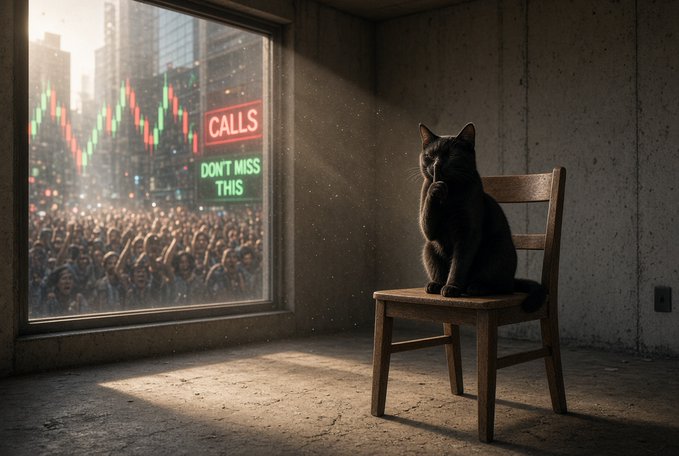 An AI-generated image of a black cat sitting on a wooden chair in an empty concrete room, looking out a window at a crowd and neon signs reading 'CALLS' and 'DON'T MISS THIS' overlaid with a financial candlestick chart.
