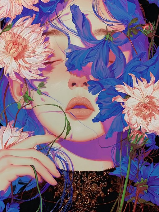The image features a woman with blue hair, wearing a black top, surrounded by flowers that are predominantly pink and white. The flowers appear to be growing out of her head or around her neck, creating an interesting visual effect. The background of the image is gray, which contrasts with the vibrant colors of the flowers and the woman's hair. There is no text present in the image, but it seems to be a part of a larger post that includes a link to a website called "@TransientLabs".