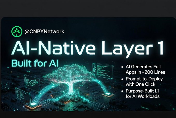 A promotional graphic for @CNPYNetwork featuring the headline "AI-Native Layer 1 Built for AI," showcasing a glowing digital tree connected to circuit boards, with bullet points highlighting that "AI Generates Full Apps in ~200 Lines," "Prompt-to-Deploy with One Click," and it's a "Purpose-Built L1 for AI Workloads." The visual reinforces the post's message about Canopy's ability to compress complex applications into minimal clean code (~200 lines) using AI tools like Claude and Cursor.