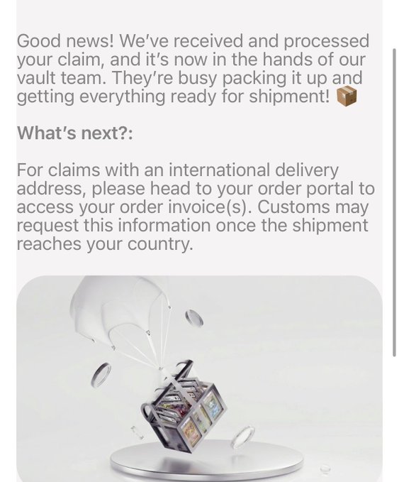 A confirmation message stating 'Good news! We've received and processed your claim' regarding an order being packed for shipment, accompanied by a 3D graphic of a box with a parachute.