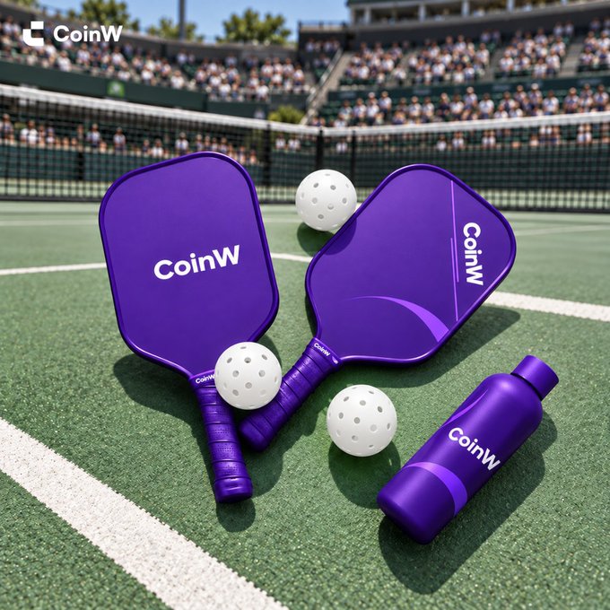 A purple CoinW-branded pickleball set (two paddles, balls, and a water bottle) is arranged on a court, visually answering the post's question by showing the crypto exchange ready to rally its community at a branded sports day.