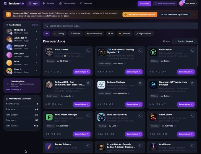 A screenshot of the 'EmblemHub' web interface showing a 'Discover Apps' marketplace with a dark purple theme, listing various apps like 'Vault Games' and 'KEYSTONE - Trading Signals'.