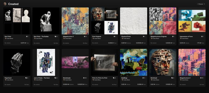 An NFT marketplace gallery page titled 'Created' displaying various digital artworks in a grid layout, including titles like 'Nato Fields - The Builder', 'Jack of Clubs - The Deck', and 'Print of a Portrait of a Pose', with prices listed in ETH.