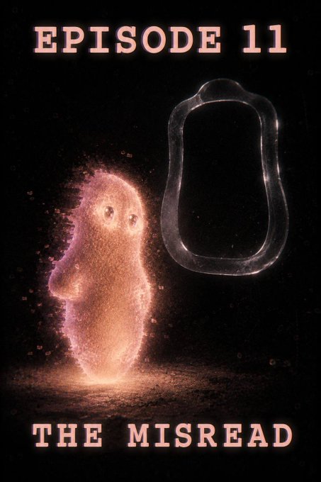 A pink, glowing, fuzzy creature standing next to a clear outline shape, titled 'EPISODE 11 THE MISREAD'.
