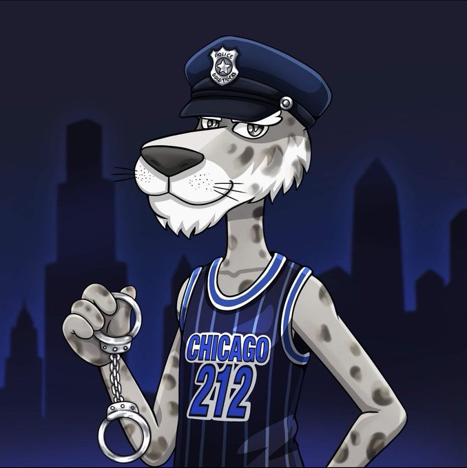 An animated illustration of a cheetah wearing a police officer's hat and a 'CHICAGO 212' basketball jersey, holding handcuffs against a city skyline.