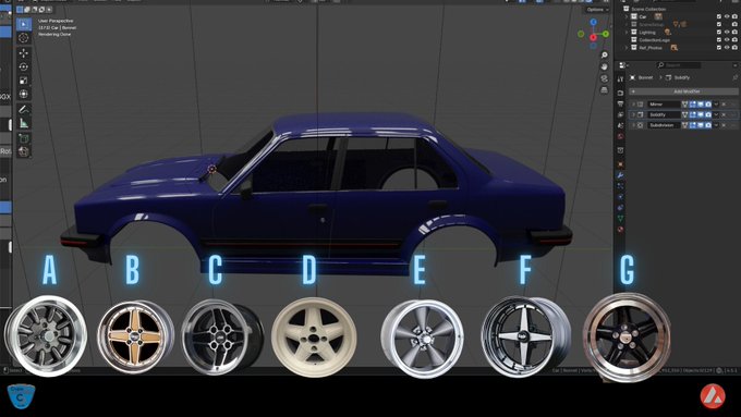 A 3D modeling software interface (Blender) displaying a blue car model above a row of seven wheel options labeled A through G.