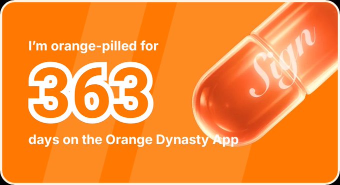 A graphic featuring an orange pill capsule labeled 'Sign' with white text reading 'I'm orange-pilled for 363 days on the Orange Dynasty App'.