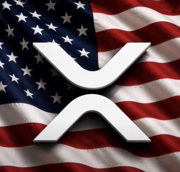 An American flag serves as the backdrop for a 3D silver XRP cryptocurrency logo.
