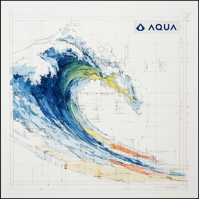 The image features a watercolor-style blue wave with yellow and orange accents overlaid on architectural blueprints, with the "AQUA" logo in the top right corner, visually reinforcing the post's metaphor of riding a "wave" of financial freedom and hyperbitcoinization.