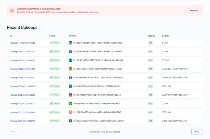 A dashboard screenshot showing a deprecation notice for Chainlink Automation, replaced by Chainlink Runtime Environment (CRE), alongside a "Recent Upkeeps" table listing 10 active Chainlink automation jobs with v2.1 registry entries, including IDs like Upkeep 447937 and Upkeep 991000, each holding LINK balances ranging from 0.6821206639007596 to 12 LINK.