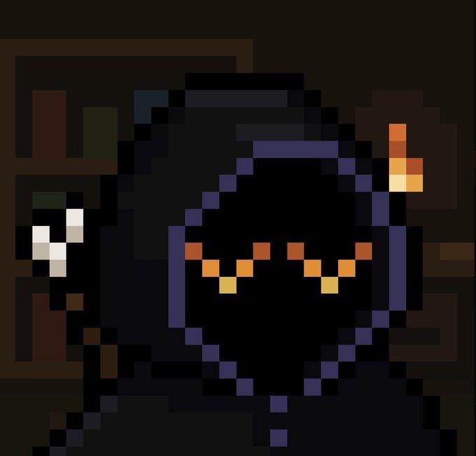 A pixel art character in dark blue and black clothing with glowing orange/red eyes and a small flame, set against a dimly lit indoor background.