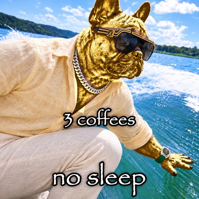 A meme depicts a golden French Bulldog wearing sunglasses and a white shirt, with the text "3 coffees no sleep" displayed over the image.
