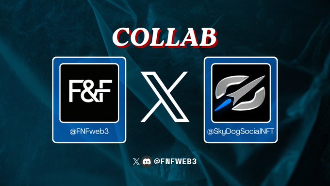 A promotional graphic for a 'COLLAB' between '@FNFweb3' and '@SkyDogSocialNFT' featuring their respective square logos on a dark teal background.