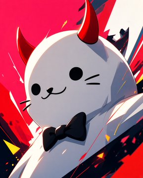 A cute cartoon-style white cat with red devil horns and a black bowtie against a vibrant pink and red background.