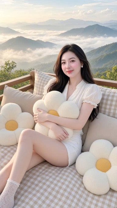 A woman in a white dress sits on a gingham sofa holding a large daisy pillow, with a misty mountain landscape in the background.
