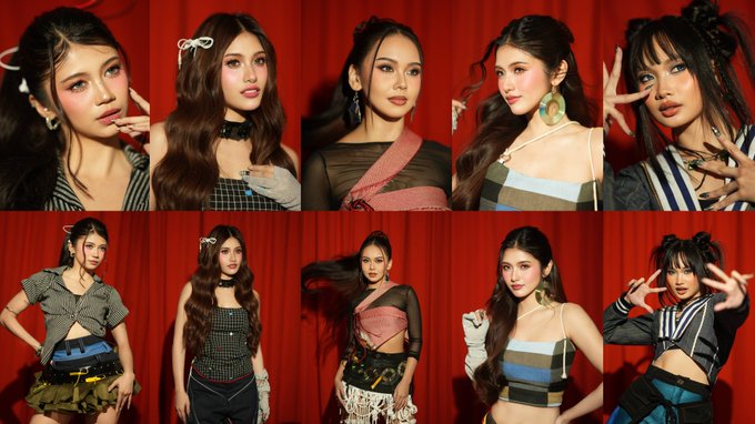 A red-themed collage featuring ten photos of five different women, each shown in two poses (close-up and full-body) in various fashionable outfits against red curtains, with some images showing watermarks "©4thN", "©MINE", and "©sweetybitter."