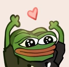 A cartoon Pepe the Frog character with big teary eyes and arms raised upward, with a pink heart floating above its head.