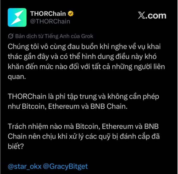 A screenshot of a Vietnamese tweet from @THORChain expressing sadness about a recent hack and questioning the responsibility of Bitcoin, Ethereum, and BNB Chain in handling stolen funds.