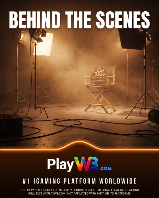 A 'Behind the Scenes' advertisement for PlayW3.com, the '#1 iGaming Platform Worldwide,' showing a director's chair and film lights in a smoky studio setting.