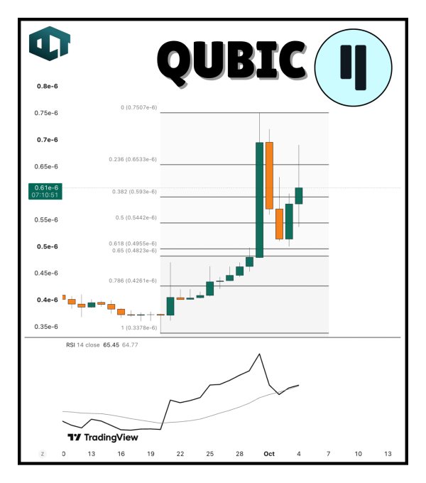 A TradingView chart displays QUBIC's price action showing a sharp pump from ~0.3377e-6 to a high of 0.7507e-6, with candles rebounding off the 0.61e-6 Fibonacci golden pocket zone. The RSI 14 indicator below sits at 65.45 with close values of 64.77, confirming the post's observation that the breakout was sustainable with daily momentum still showing no bearish divergence.