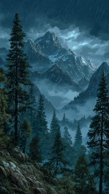 The image features a mountain range with trees and foggy mountains under an overcast sky, creating a serene atmosphere. The caption above the image reads "GN Another day closer to the vision. Keep building, stay consistent, and trust the process." This message is related to the artist's work as they are likely capturing the beauty of nature in their painting or drawing.