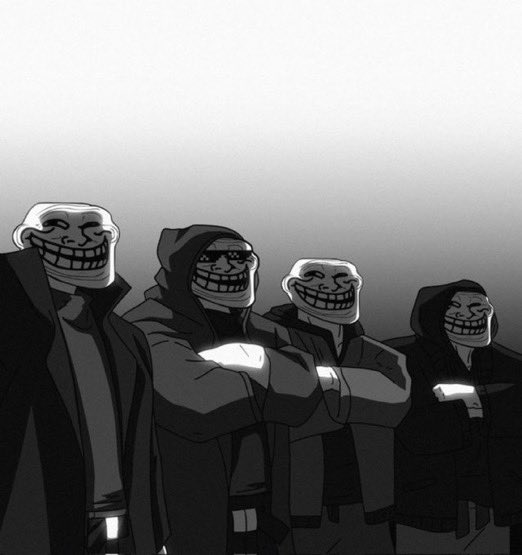 Four figures in dark hoodies stand with arms crossed, each wearing a grinning Trollface mask, in a grayscale illustration that visually matches the meme reference of "me and the boys" with no visible $TROLL ticker text shown.