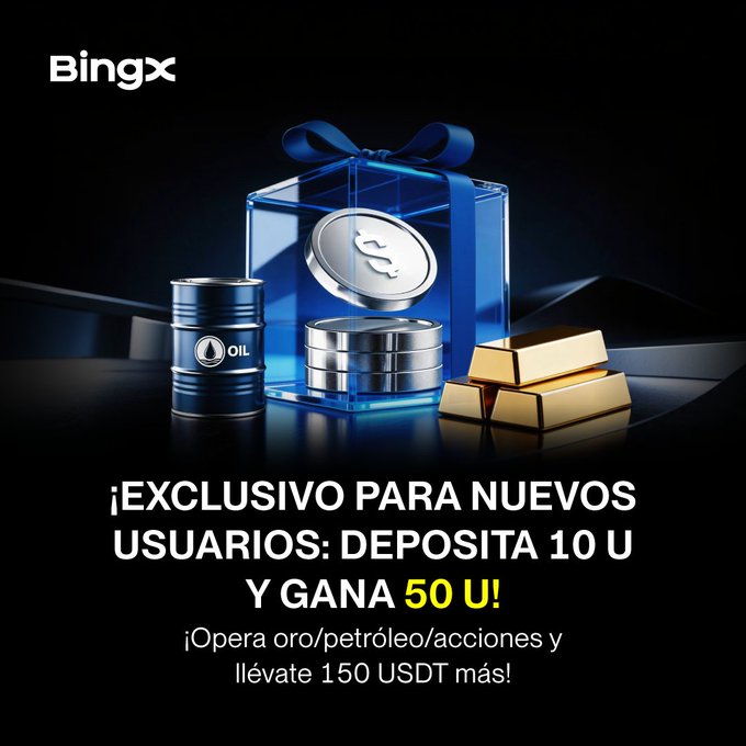 A BingX cryptocurrency exchange promotional banner featuring a blue gift box with a USDC coin, oil barrels, and gold bars, advertising an exclusive offer for new users: deposit 10U and win 50U, plus trade gold/oil/stocks and get an extra 150 USDT.