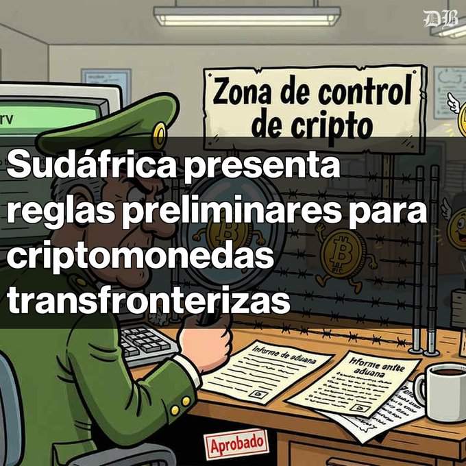 A cartoon illustration of an official at a desk in a 'Zona de control de cripto' (Crypto control zone) with barbed wire and Bitcoin icons, overlaid with Spanish text reading 'Sudáfrica presenta reglas preliminares para criptomonedas transfronterizas' (South Africa presents preliminary rules for cross-border cryptocurrencies).