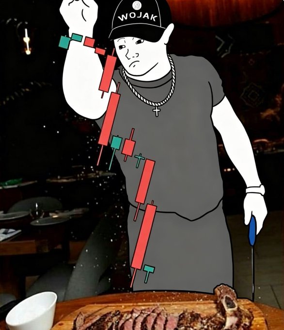 A Wojak-style meme illustration of a man in a grey shirt and 'WOJAK' cap eating a steak, with a red and green candlestick chart overlaid on his body.