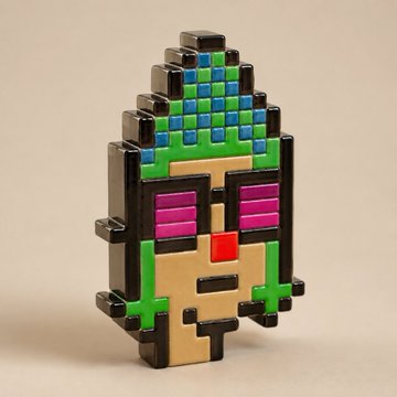 A pixelated pixel art sculpture resembling a green and tan totem or creature with purple and red accents, creatively rendered in a blocky, 8-bit style that visually represents the "GM" (good morning) greeting.