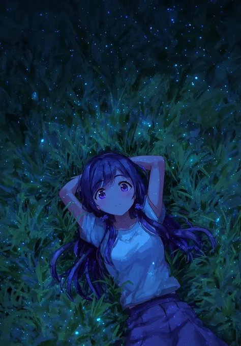 An anime-style illustration of a girl with long purple hair and violet eyes lying in a field of grass at night, gazing up at a starry sky filled with glowing blue lights.