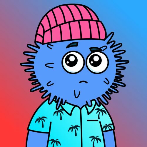A cartoon illustration of a blue, furry creature with big eyes wearing a pink beanie and a teal palm tree shirt against a red-blue gradient.