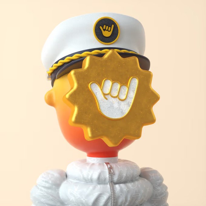 A 3D-rendered character with a golden "shaka" hand sign badge covering its face wears a white captain's hat featuring a matching shaka emblem, appearing as the NFT artwork for Citizen of Vibetown #1979. The vibrant orange and yellow gradient head and puffy white jacket give the collectible a playful, stylized aesthetic fitting its "Vibetown" theme.