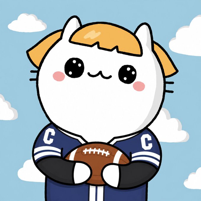 A cute cartoon white cat mascot with orange hair holds an American football while wearing a blue and white jersey with the letter 'C' on it.