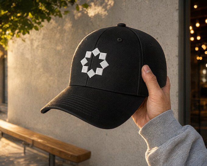 A hand holds up a black baseball cap featuring a white geometric logo composed of eight squares arranged in a circle, set against a blurred outdoor background.