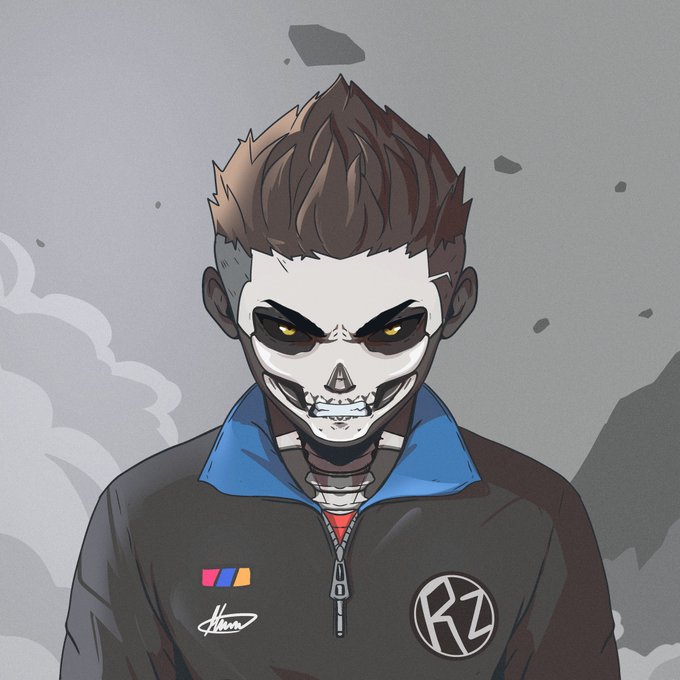 The image features a cartoon-style illustration of a person wearing a black jacket with a blue collar, standing against a gray background. The person has a skull mask covering their face, giving them an eerie appearance. The caption below the image reads "Look at mine its skeleton Show me yours". This suggests that the artist is showcasing their own work or style in the image, possibly as part of a discussion about the concept behind the illustration.